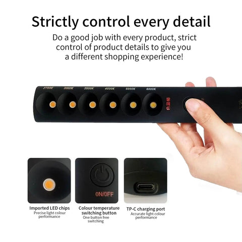 Dope Rechargeable Color Temperature Light Wand For Photography And Video showing controls and features with hand holding it