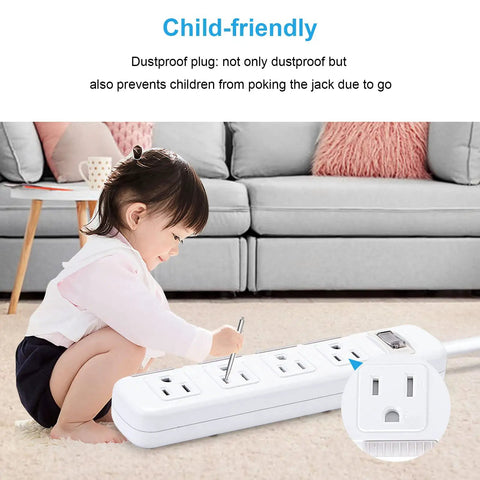 Child playing near Wall Mounted Power Strip With Four Outlets, Surge Protector, Six Foot Extension Cord, 15A 125V 1875W, 300J, Reset Off Switch.