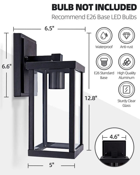 Diagram of Two Pack Outdoor Wall Lanterns Black Sconce Lights With Clear Glass Shade Waterproof Wall Mount E26 Socket Modern Anti Rust Porch Lighting Bulb Not Included, showing dimensions and features.