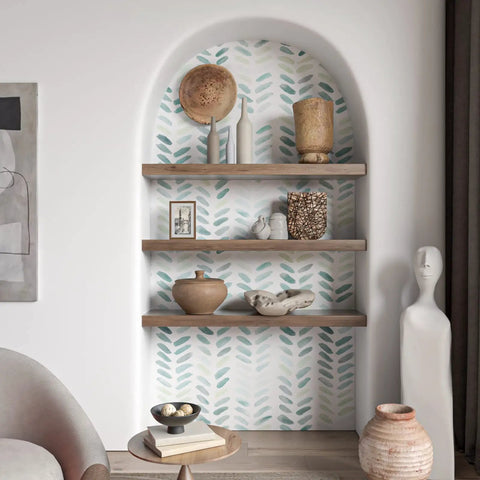 Room with arched shelves applied with Green And White Peel And Stick Wallpaper Boho Herringbone Contact Paper For Cabinets And Walls