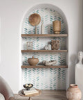 Green And White Peel And Stick Wallpaper Boho Herringbone Self Adhesive Contact Paper For Cabinets And Walls Waterproof Removable Teal And Light Green Dope Vibe 17.3 Inch Wide By 197 Inch Long on a bookshelf.