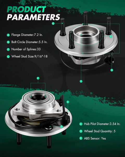 Image of Heavy Duty Front Wheel Hub Bearing 2 Pack 5 Lug For Dodge Ram 1500 2002 2003 2004 2005 With ABS Direct Fit Premium OE Style Replacement, showing product specifications.