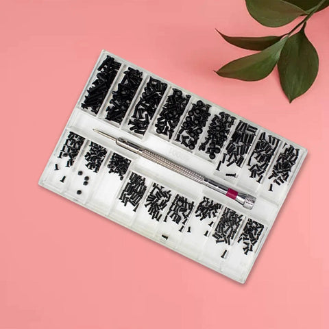 Hella Versatile Mini Precision Screw Kit Including 18 Types Of Heavy Duty Stainless Steel Micro Fasteners For Watch Repair Eyeglasses Laptops Cameras And Quick Fixes, neatly organized in a clear container.