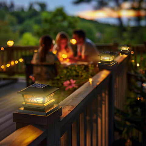 Outdoor deck with 8 Pack Solar Post Cap Lights for Outdoor Deck and Garden, Solar Powered with SMD LEDs, softly glowing at dusk.