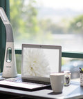 LED Desk Lamp With Ultra Quiet Bladeless Fan, Dimmable Gooseneck on office desk beside laptop and coffee mug