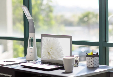 LED Desk Lamp With Ultra Quiet Bladeless Fan, Dimmable Gooseneck on office desk beside laptop and coffee mug