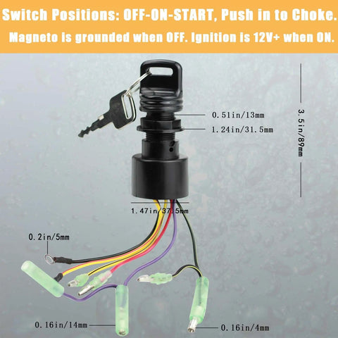 Boat Ignition Starter Switch With Keys Replacement 3 Position 6 Wire Plug And Play for Outboard Motors showing measurements