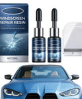 Two Pack Windshield Chip Repair Kit With Glass Repair Resin For Windshields Mirrors And Windows Universal Cracks And Chips Repair Tool with resin bottles and pads, shown above a blue car hood.