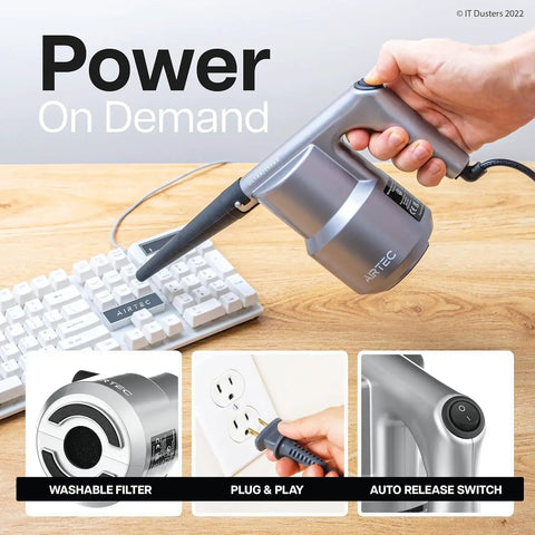 Person using Ultra Electric Air Duster Blower For PC And Electronics Cleanup on keyboard