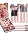 APINK 14 Piece Mini Makeup Brush Set With LED Light Mirror Travel Case for foundation, concealer, powder, and eyeshadow application