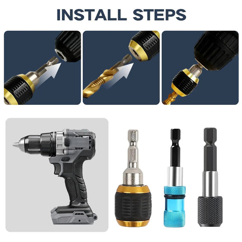 Hella Solid Six Piece Magnetic Hex Shaft Quick Change Adapter For Power Drills Heavy Duty Quarter Inch Socket Converter And Quick Grip Driver Bit Holder Packs installation steps shown with drill and adapters.