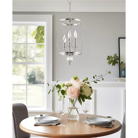 Modern Dope 3-Light Geometric Lantern Chandelier in Brushed Nickel Finish With Cylinder Trellis Cage And Crystal Orb Finial over dining table