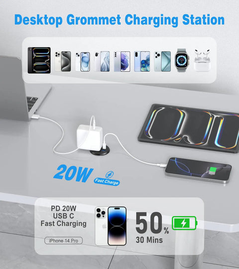 2 Inch Flush Mount Recessed Power Grommet with 20W USB-C fast charging on a desktop for clean workspace setup.