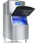 Beast Of An Industrial Ice Maker 680Lbs Per Day With 560Lbs Stainless Steel Storage Bin shown with open door and visible ice cubes