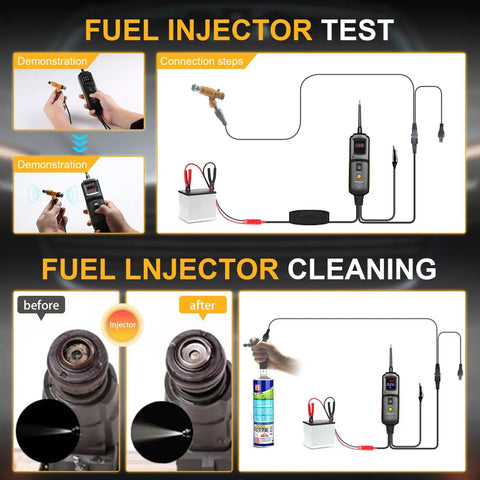 Fuel injector testing and cleaning using Power Circuit Probe Tester For Auto Electrical Systems 6V-40V DC No-Fuss All-In-One Kit.