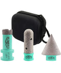 Pro Grade Heavy Duty Diamond Core Drill Bits and Chamfer Bit Set for Porcelain Tile Ceramic Marble Brick Concrete Three Piece Includes 20mm and 35mm Bits for Dry or Wet Drilling Five Eighths Eleven Thread displayed with carrying case