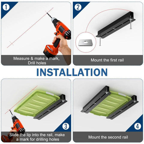 Installation process of Heavy Duty Ceiling Garage Storage Rack With 17 Inch Adjustable Overhead Tote Rail System Modular 6 Bracket Sets