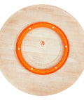 Bottom view of Extra Large 27.56 Inch Wood Lazy Susan For Tabletop Round Turntable Serving Tray with orange base and bearings.