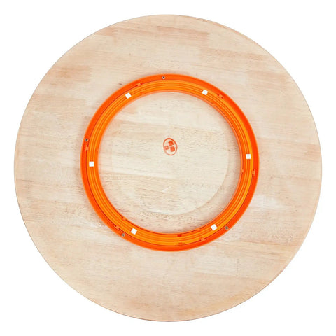 Bottom view of Extra Large 27.56 Inch Wood Lazy Susan For Tabletop Round Turntable Serving Tray with orange base and bearings.