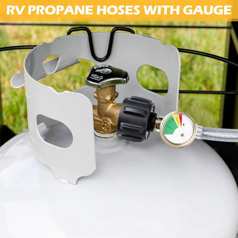 15 Inch RV Propane Hose With Gauge Stainless Steel Braided Camper Tank Line pigtail connected to tank