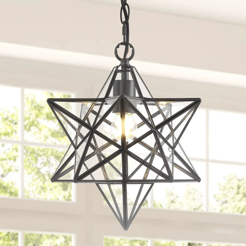 12-Inch Oil Rubbed Bronze Moravian Star LED Pendant Light With Clear Glass, Metal Hanging Lantern For Kitchen Island, Entryway Or Foyer