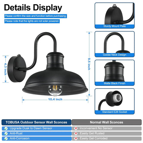 Two Pack Dusk To Dawn Outdoor Wall Sconces For Porch And Garage Exterior Gooseneck Barn Light In Matte Black with details