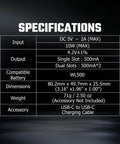 Specifications table for Dual Magnetic Charging Dock For WL500 Batteries With USB C Fast Charge and accessories.