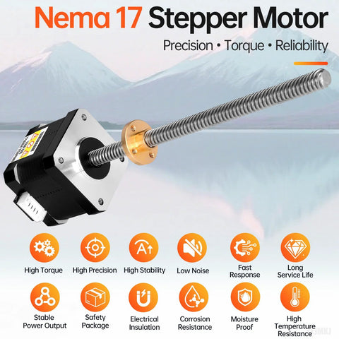 NEMA 17 stepper motor with long threaded T8 lead screw and brass coupling, side view