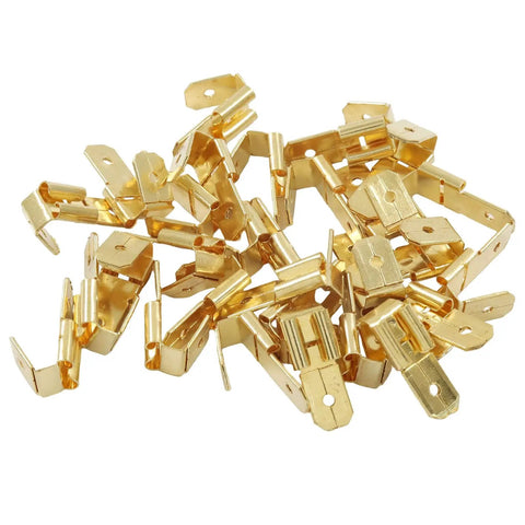 Heavy Duty 25 Pack Piggyback Spade Connectors Bulletproof Uninsulated Brass Quick Splice Tee Adapters laid out on a surface.