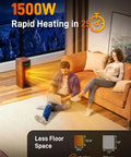 Blazing Warm 1500W Electric Space Heater, Slick Portable Tower Unit With Remote, cozy living room setting, walnut finish.