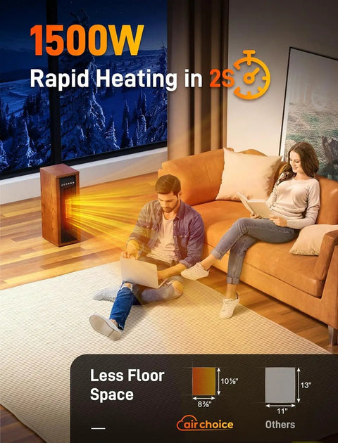 Blazing Warm 1500W Electric Space Heater, Slick Portable Tower Unit With Remote, cozy living room setting, walnut finish.
