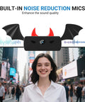 Heavy Duty 1080P Webcam With Crisp Stereo Mic showing built-in noise reduction mics on a busy street backdrop.