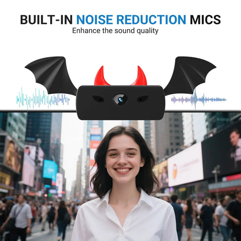 Heavy Duty 1080P Webcam With Crisp Stereo Mic showing built-in noise reduction mics on a busy street backdrop.