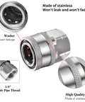 Two stainless steel 1/4-in NPT pressure washer quick-connect fittings, male and female, knurled grip.