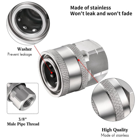 Two stainless steel 1/4-in NPT pressure washer quick-connect fittings, male and female, knurled grip.