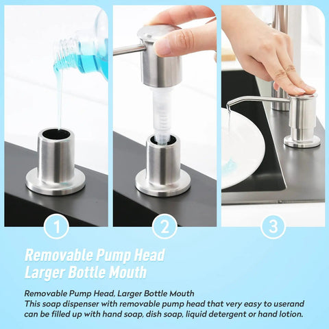 Built In Kitchen Sink Soap Dispenser With 39 Inch Extension Tube, 304 Stainless Steel Pump Head, Brushed Nickel Finish, Large 17 Oz Bottle