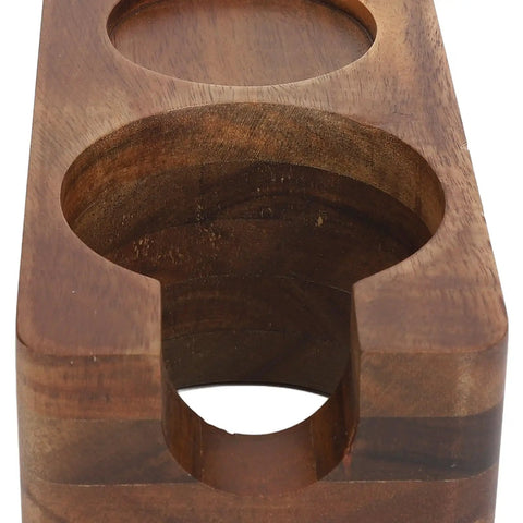 Rock Steady 58 Mm Coffee Tamper Stand With Solid Hardwood Portafilter Holder showing deep wooden cutouts for stable espresso tamping.