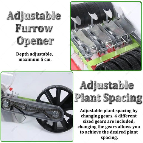Three To Six Row Precision Planter for Garden Seeds 2 To 10mm with adjustable furrow opener and plant spacing features.