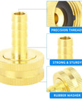 2 Pack 3/8 Barb To 3/4 Female GHT Thread Swivel Brass Garden Hose Connector With Clamps For Quick Leak Free Garden Hose Repairs And Easy All Weather Connections Durable Solid Brass, brass connector close-up