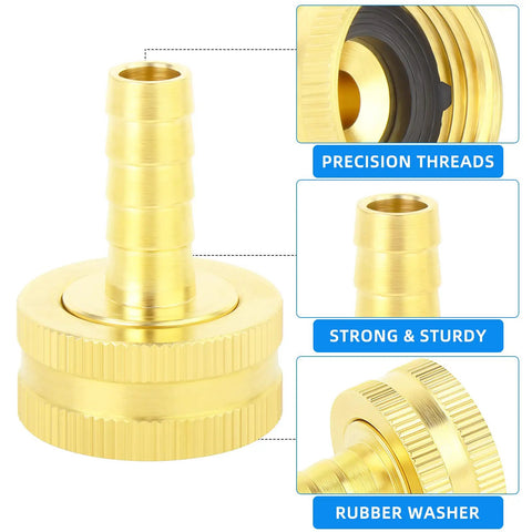 2 Pack 3/8 Barb To 3/4 Female GHT Thread Swivel Brass Garden Hose Connector With Clamps For Quick Leak Free Garden Hose Repairs And Easy All Weather Connections Durable Solid Brass, brass connector close-up