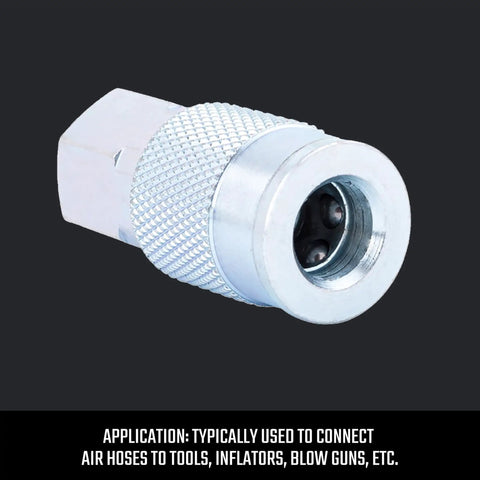 One Quarter Inch Steel NPT Female Air Hose Quick Connector Coupler with Industrial Interchange shown up close