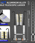 Telescoping Ladder 24.6 Ft Heavy Duty Aluminum Extension Ladder With Adjustable Sections And Removable Hooks For Roof Access Attic Loft And Exterior Maintenance Built Tough And Easy To Store, folded size and hooks shown