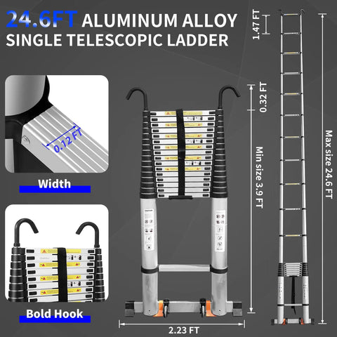 Telescoping Ladder 24.6 Ft Heavy Duty Aluminum Extension Ladder With Adjustable Sections And Removable Hooks For Roof Access Attic Loft And Exterior Maintenance Built Tough And Easy To Store, folded size and hooks shown