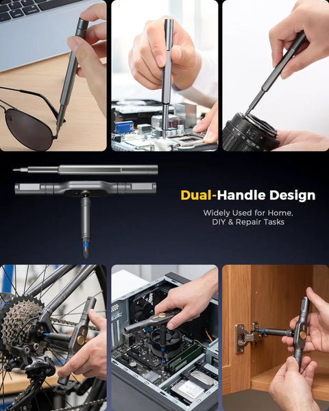Ratcheting Screwdriver Set With 71 In 1 Magnetic Bits, S2 Steel in use for electronics, bicycle repair, and furniture assembly.
