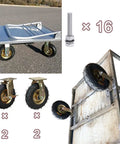 Heavy Duty Industrial Casters, Four Piece Replacement Kit with pneumatic rubber wheels on a utility cart.