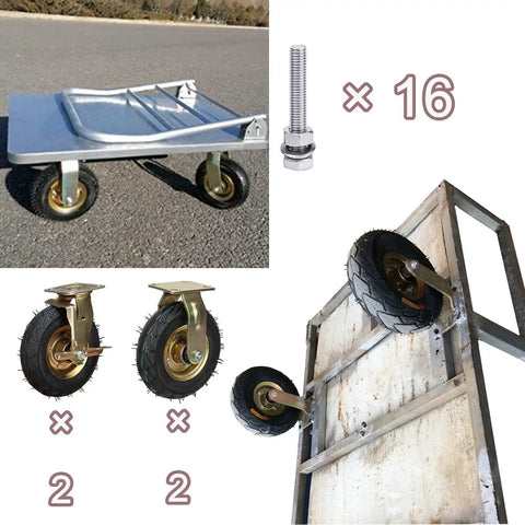 Heavy Duty Industrial Casters, Four Piece Replacement Kit with pneumatic rubber wheels on a utility cart.