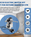 Universal Bathroom Vent Fan Motor Replacement Kit 50 CFM 120V Includes Plug And Play Motor And Blower Wheel For Nutone Broan Exhaust Fans Easy Install UL Certified Pro, shown with plug and motor in bathroom setting.