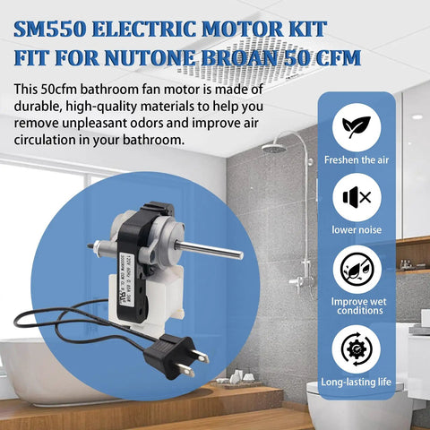 Universal Bathroom Vent Fan Motor Replacement Kit 50 CFM 120V Includes Plug And Play Motor And Blower Wheel For Nutone Broan Exhaust Fans Easy Install UL Certified Pro, shown with plug and motor in bathroom setting.
