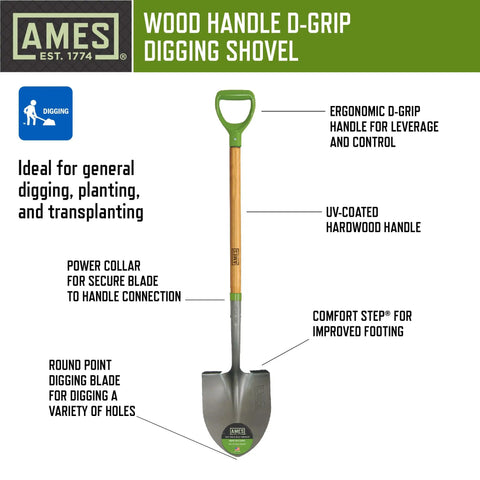 Wood handle D-grip digging shovel with ergonomic handle and comfort step, ideal for Three-Piece Small Spaces Gardening Kit.