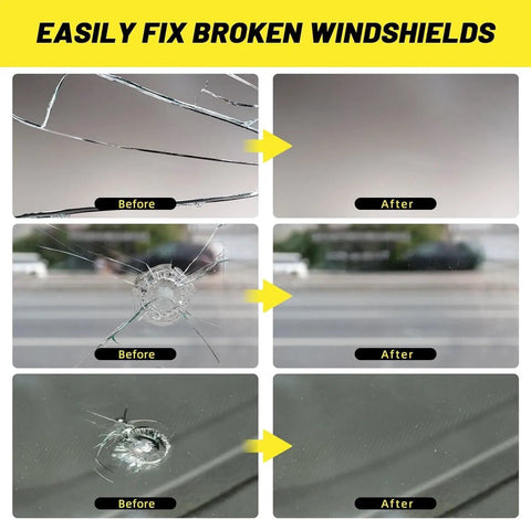 Pro Grade Windshield Crack Repair Kit Four Pack With Enhanced Injection Head And Suction Cup For Chips And Cracks Quick Fix Durable Long Lasting Resin System For Fast DIY Car Glass Repair before and after results shown.